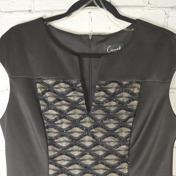 Connected Apparel Black Cocktail Dress With Center Lacey Sparkle, V Neck, Size12 - Picture 2 of 7